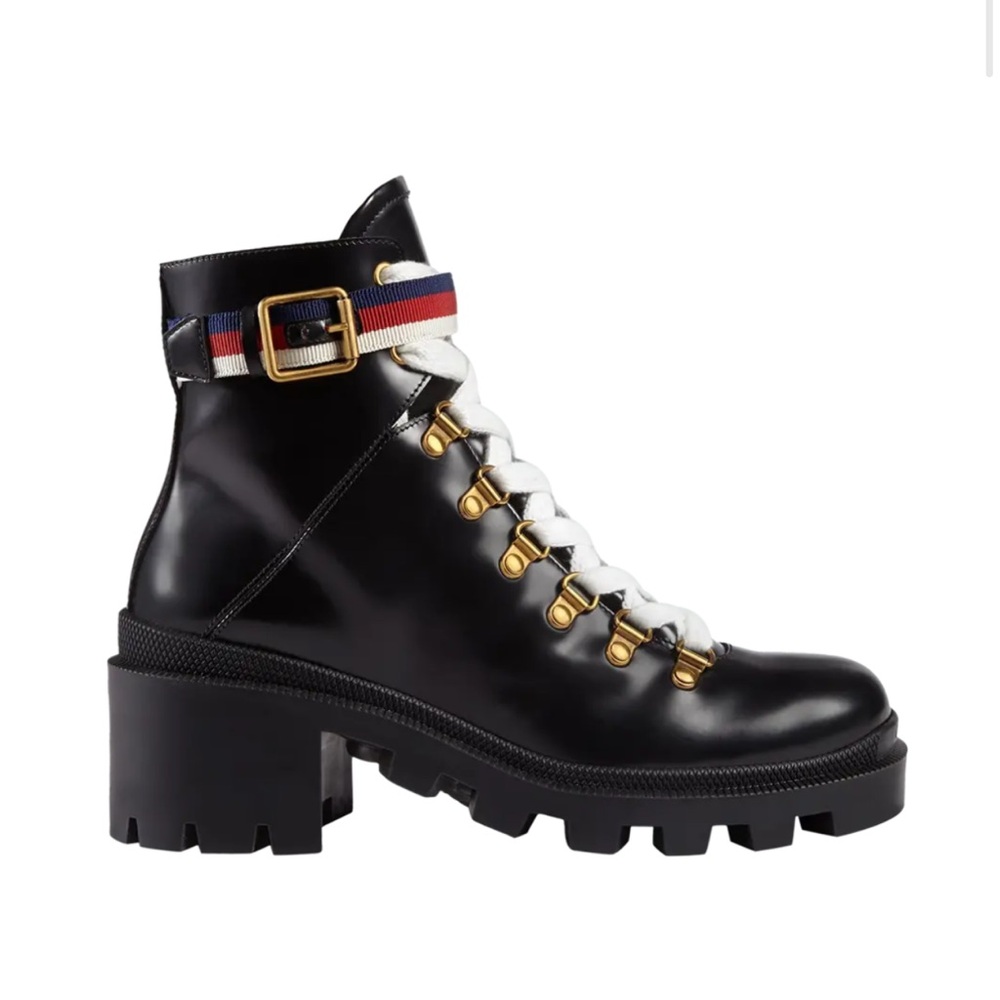 GUCCI GG LEATHER CANVAS ANKLE BOOTS BLACK W/ RED, WHITE, AND BLUE BUCKLE